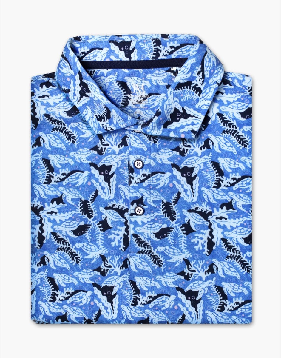 Gulf Coast sea-turtle print golf polo in blue