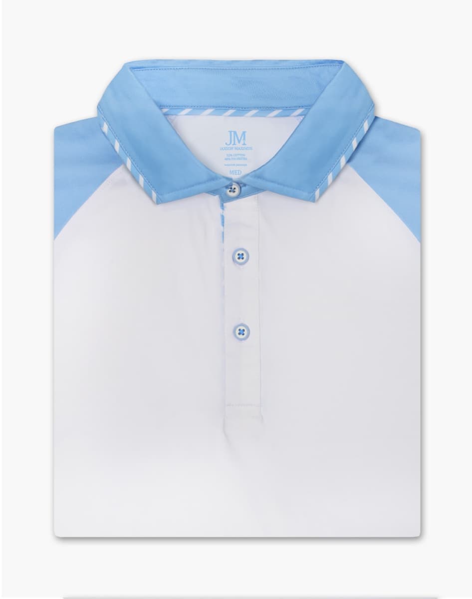 Sanibel color-block polo in white and sky blue